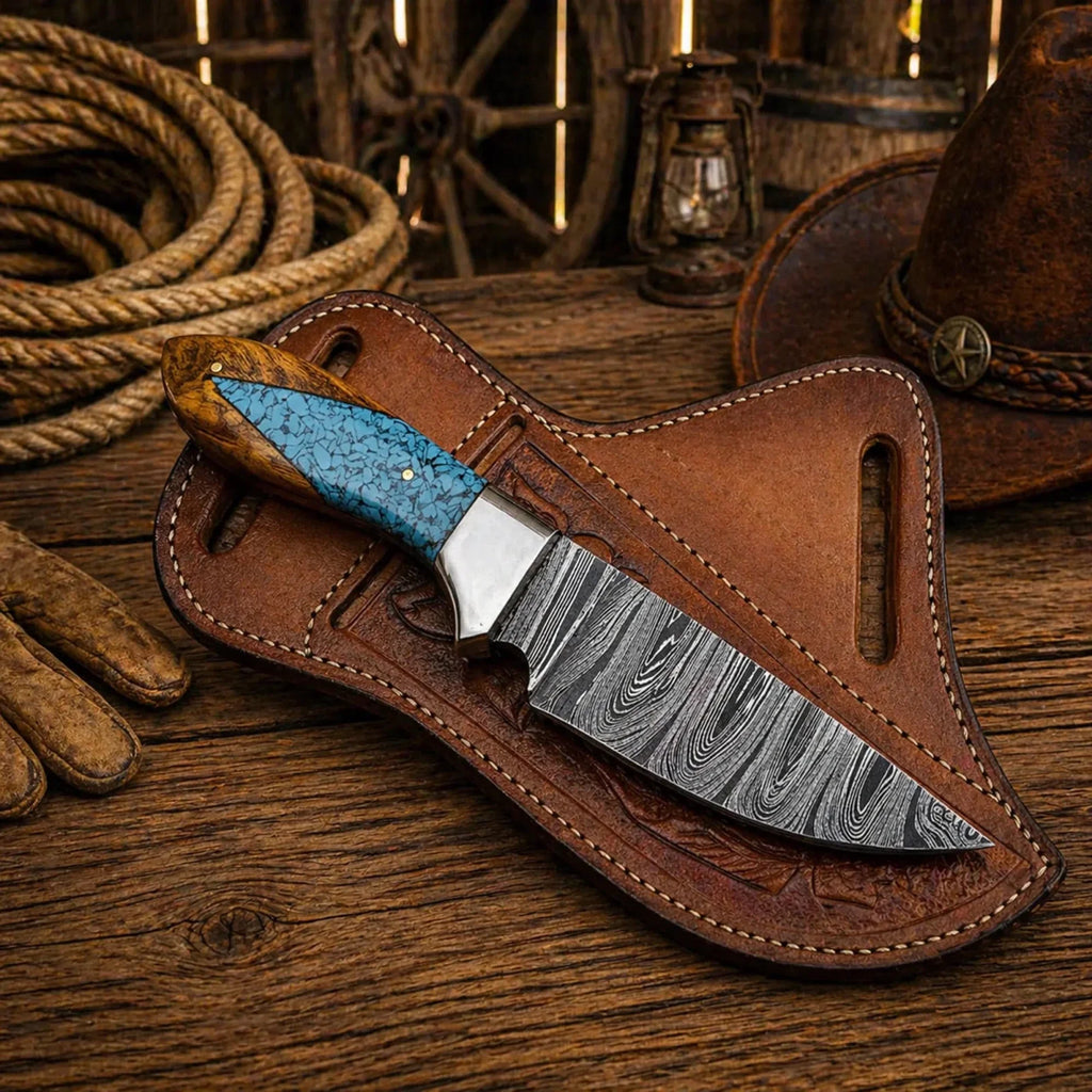 Working Ranch Knife Damascus Steel Wood & Turquoise Handle EDC