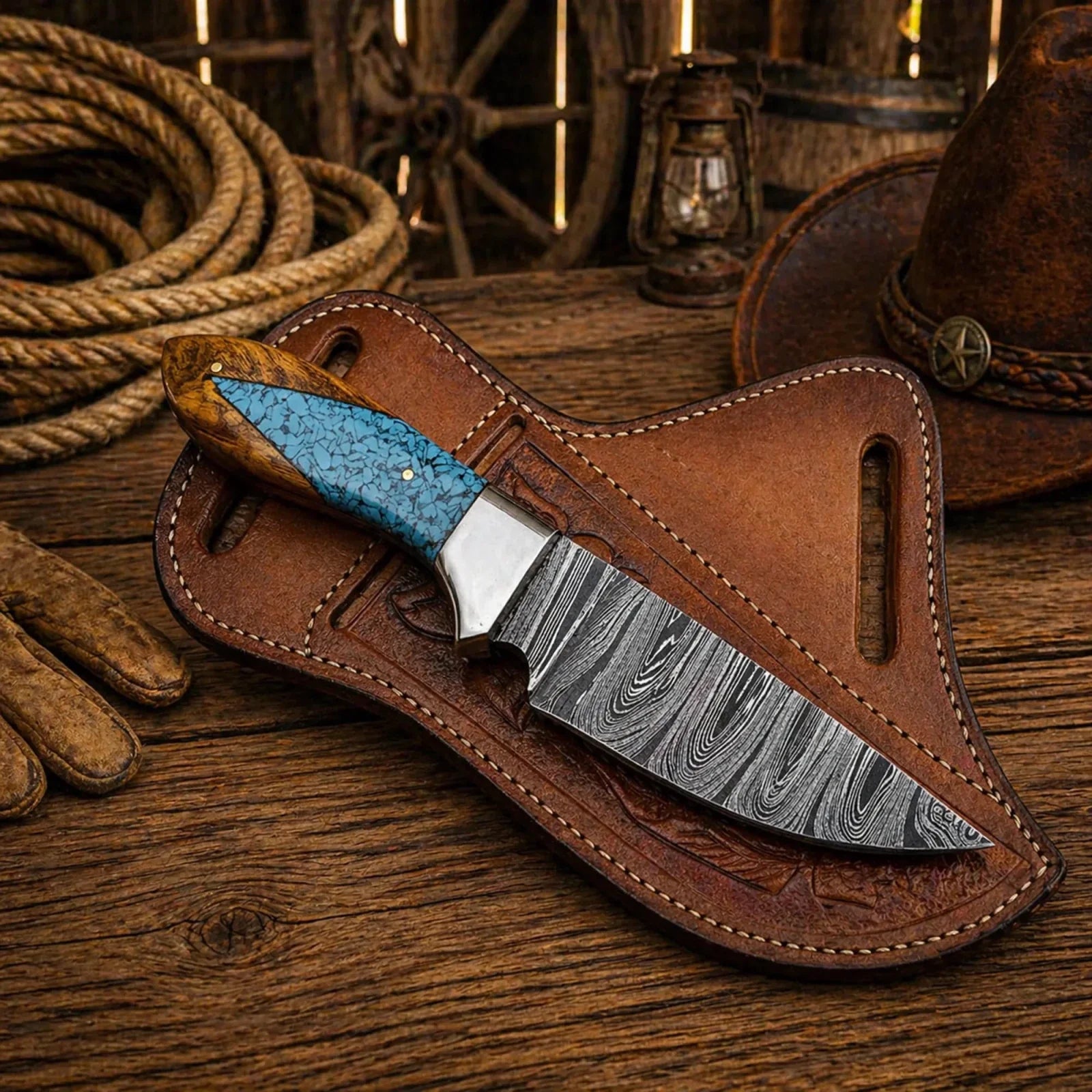 Working Ranch Knife Damascus Steel Wood & Turquoise Handle EDC