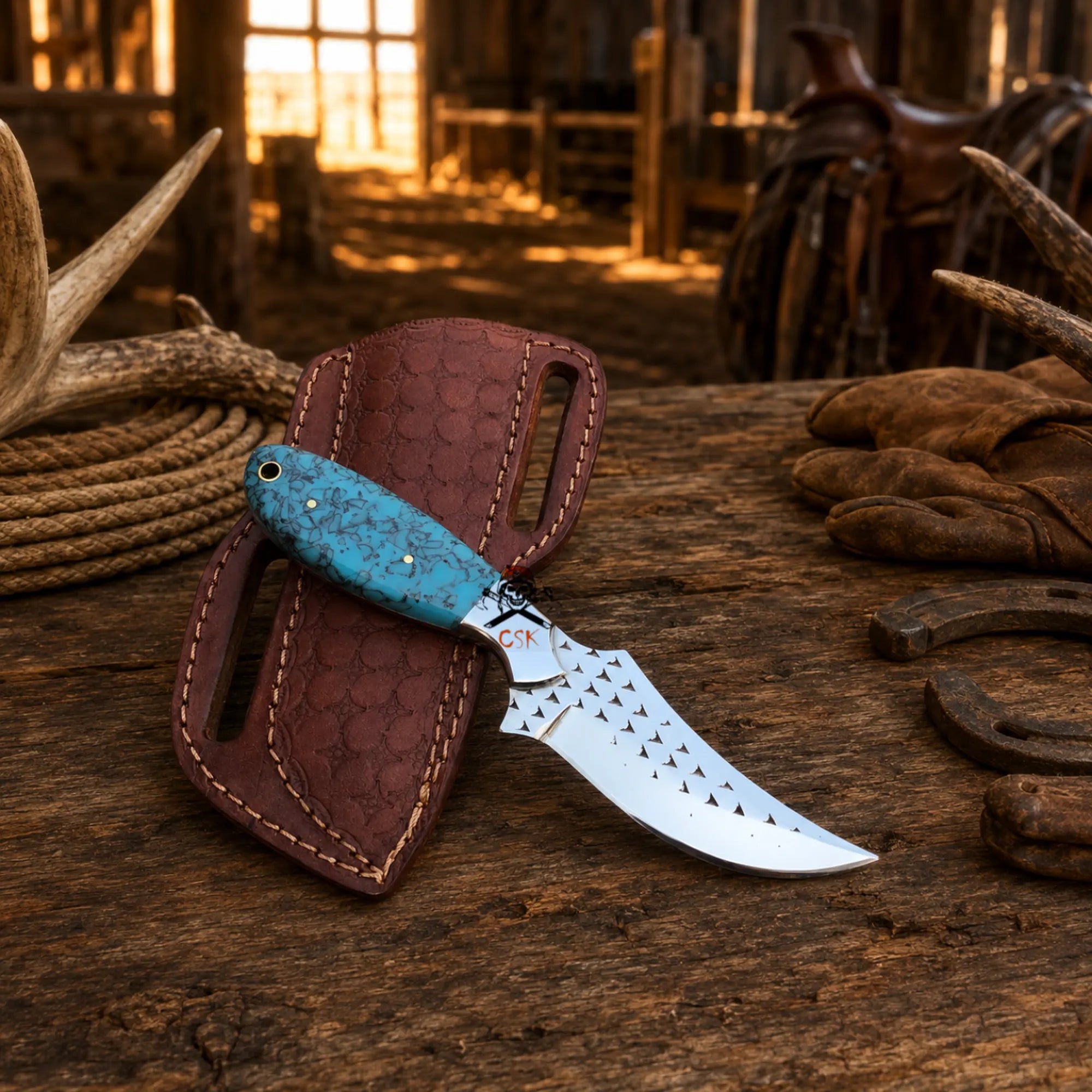 Wrangler’s Western Skinning Knife – Rasp Steel & Turquoise Handle