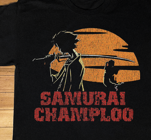Close-up of a black Samurai Champloo T-Shirt by Parallel, featuring detailed graphic artwork on the front.
